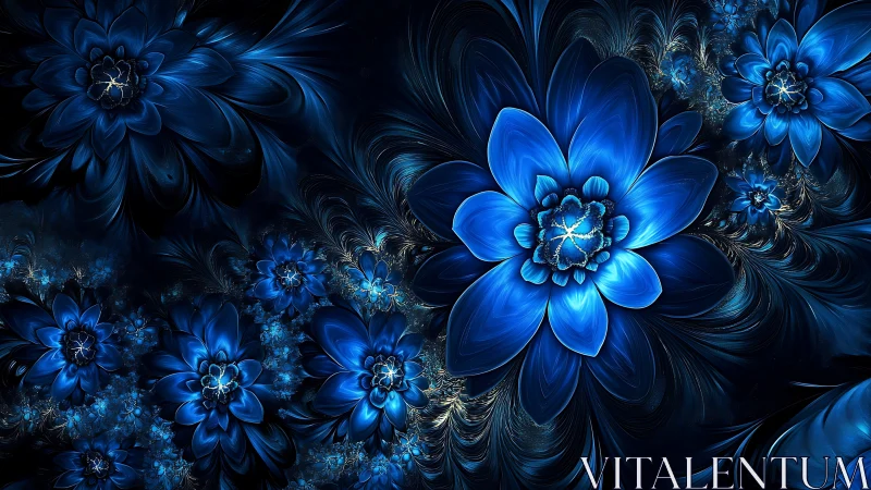 Blue fractal blossoms on dark abstract swirling field.