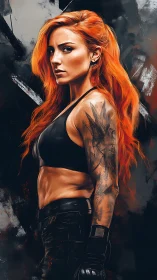 Fiery-haired warrior stands defiant in bold digital portrait.