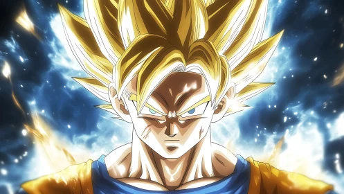 Electrified golden warrior portrait in dynamic anime aura.