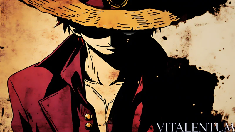 Straw hat anime figure in red coat on grunge background.