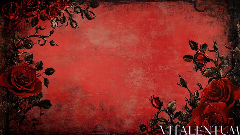 Red Roses on Distressed Crimson Background Floral Frame