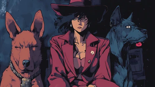 Woman in red coat sits between two stylized guard dogs