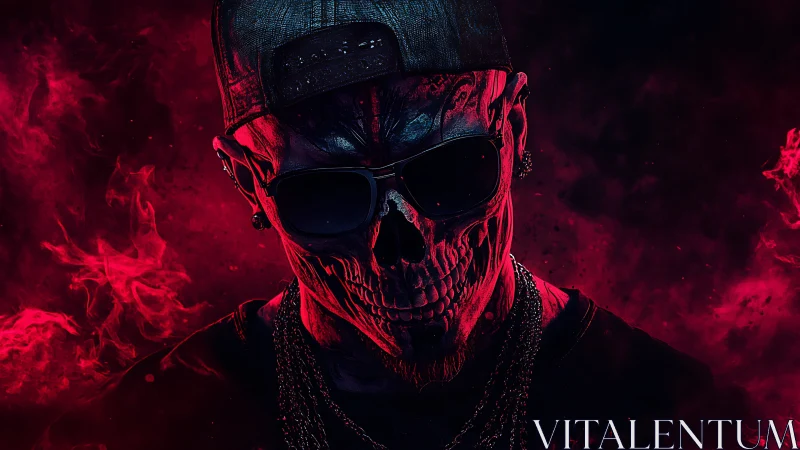 Neon crimson skull gangster under cinematic rim lighting.