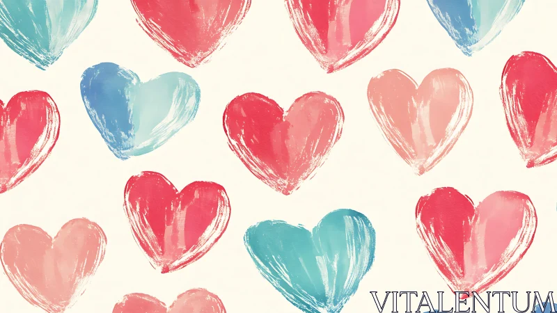 Hand-Painted Hearts in Red and Teal on Cream Background.
