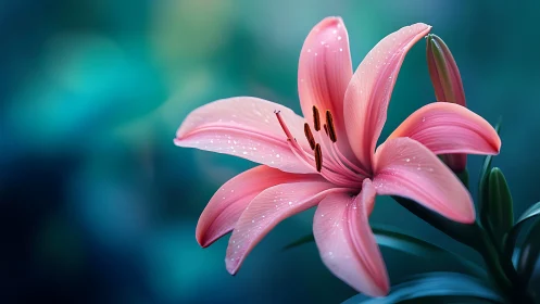 Pink lily bloom with water droplets against teal background