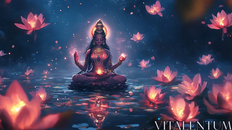 Lotus-lit goddess breathes starlight into a dreaming lake