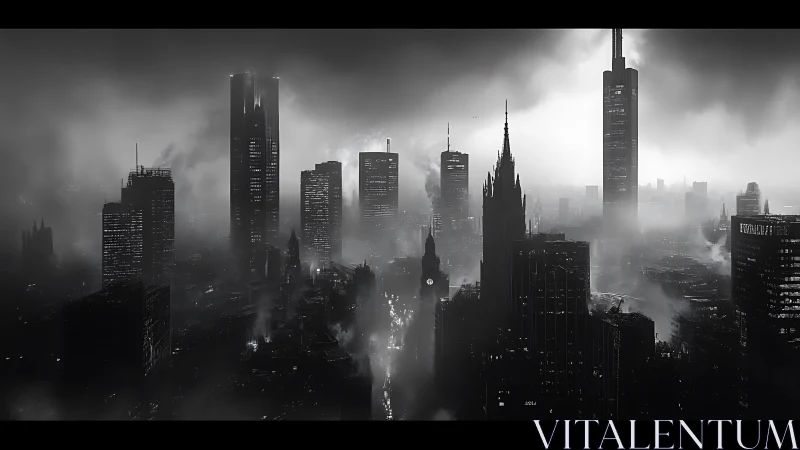 Noir mega city skyline under dense industrial fog.