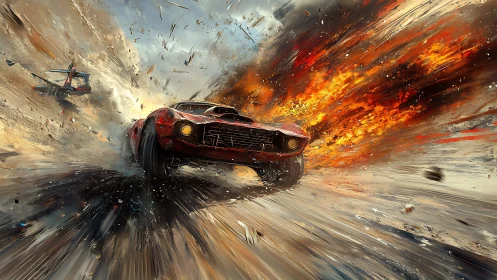 Firestorm muscle car outruns a sky of shrapnel and flame.