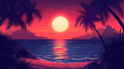 Tropical shoreline sunset in vivid magenta and cyan tones.