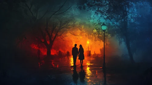 Silhouetted Couple Under Glowing Street Lamp at Night.