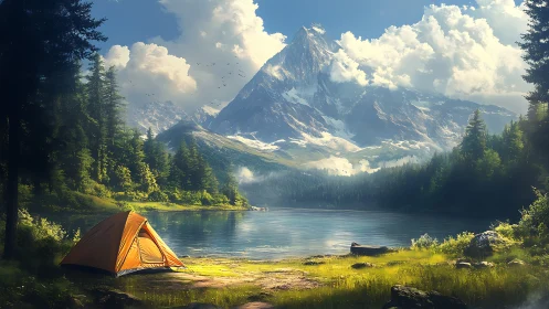 Solitary orange tent rests beside tranquil alpine lake