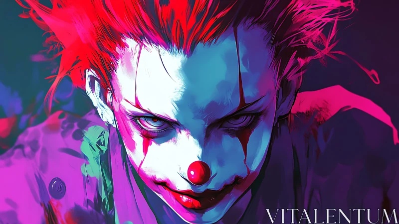 Neon nightmare clown grins under electric crimson spotlight.