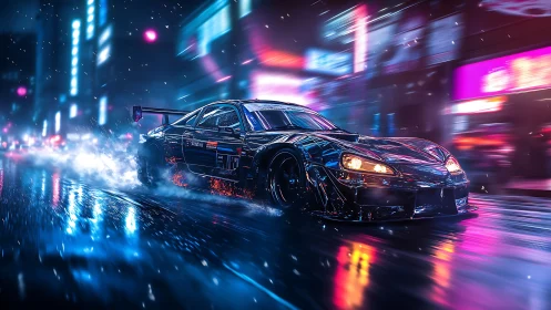Neon street racer tears through a futuristic night cityscape.