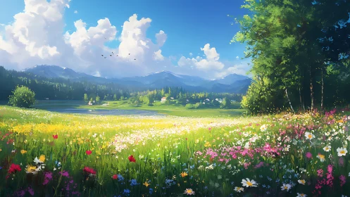 Sunlit wildflower meadow drifting toward quiet mountain lake.