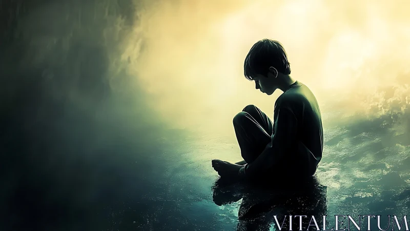 Solitary boy silhouette amid luminous mist on reflective ground