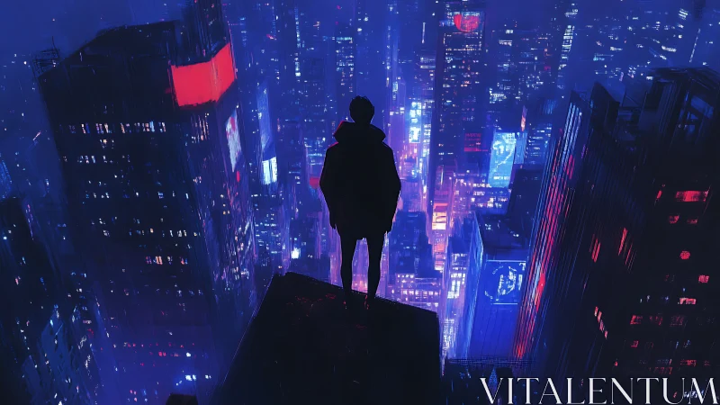 Silhouetted figure overlooks neon cityscape at night