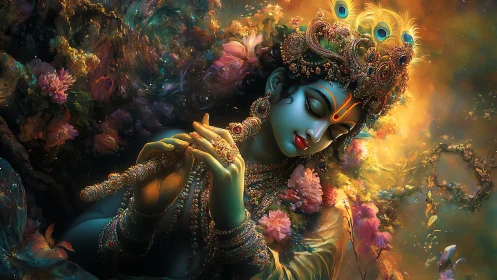 Divine blue flutist drifts through jeweled blossoms and light.