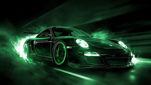 Neon green race car accelerates through glowing tunnel