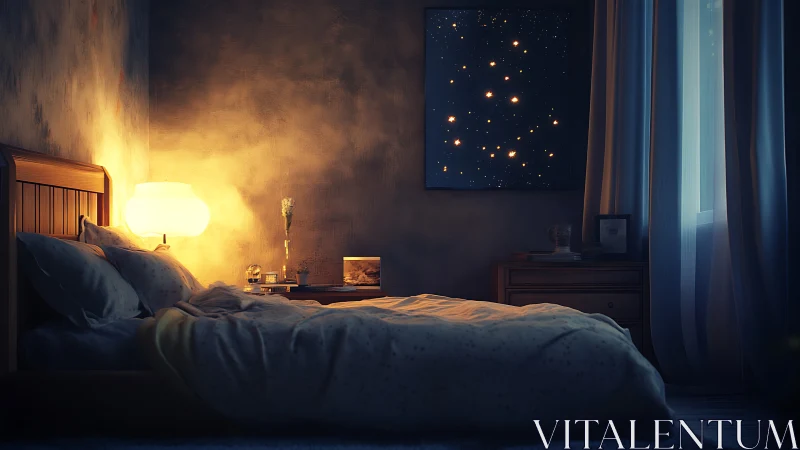 Cozy dim bedroom with glowing lamp and starry wall art.