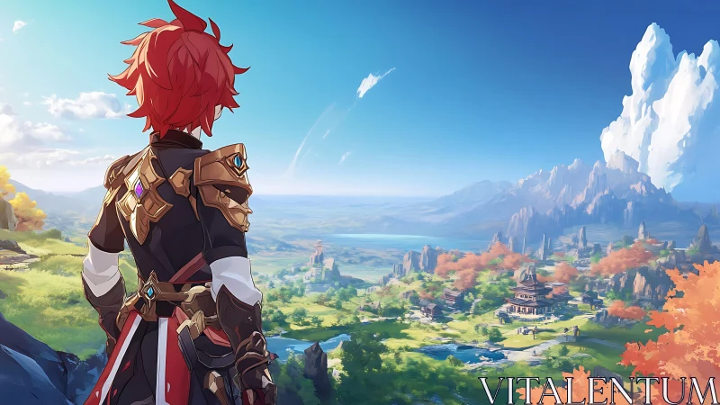 Red‑haired warrior surveys a sunlit valley of autumn dreams.