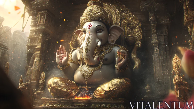 Golden Ganesha idol seated in ornate stone temple shrine.