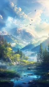 Luminous alpine valley with misted peaks and reflective river.