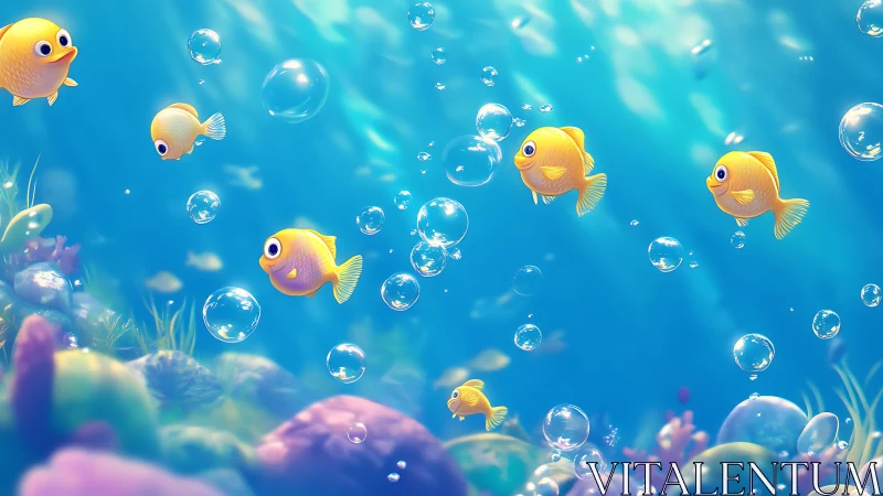 Playful yellow fish drift through bright bubble currents.