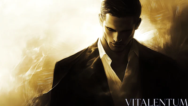 Solitary suited man stands in golden backlit shadow