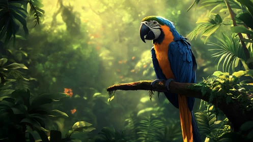 Blue and yellow macaw on branch in dense rainforest.