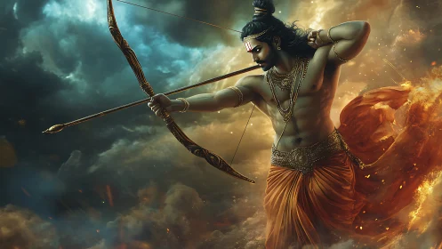 Divine archer in dynamic golden storm-lit digital tableau.