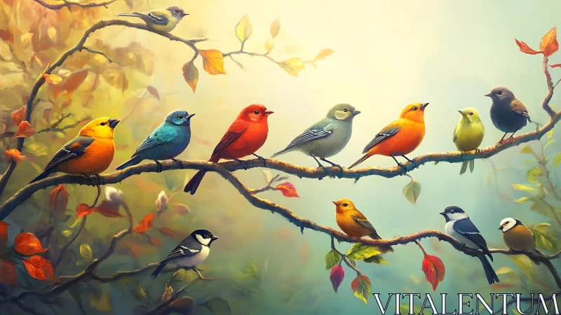 Colorful songbirds perched on autumn branches, digital painting.