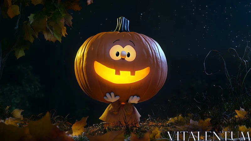 Glowing cartoon jack o lantern in autumn night landscape.