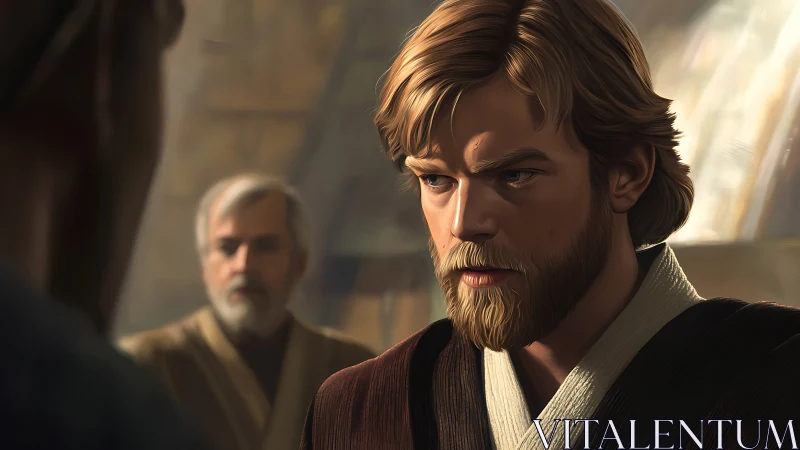 Cinematic digital portrait of focused robed warrior in dialogue