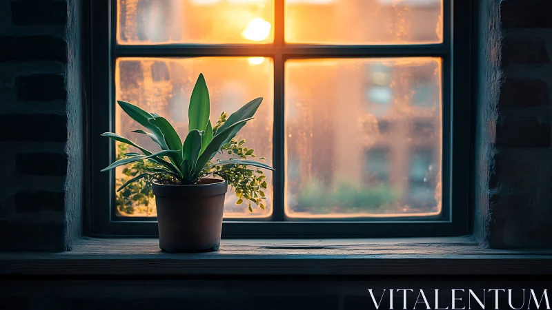 Potted houseplant catches warm sunset glow through window