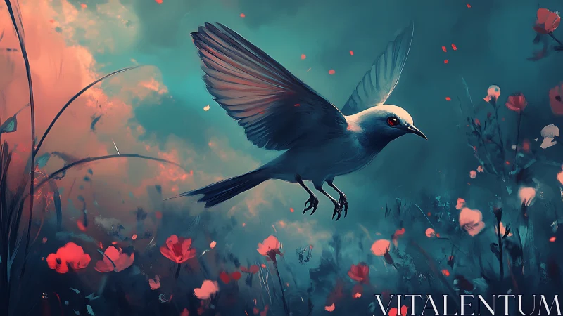 Digital illustration of bird in mid-flight over wildflowers.