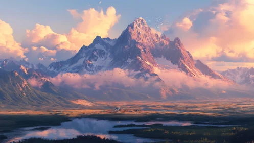 Sunlit fantasy peak above valley river plain at dawn.