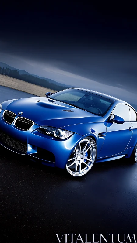 High-gloss blue sports coupe rendered with reflective surface shading