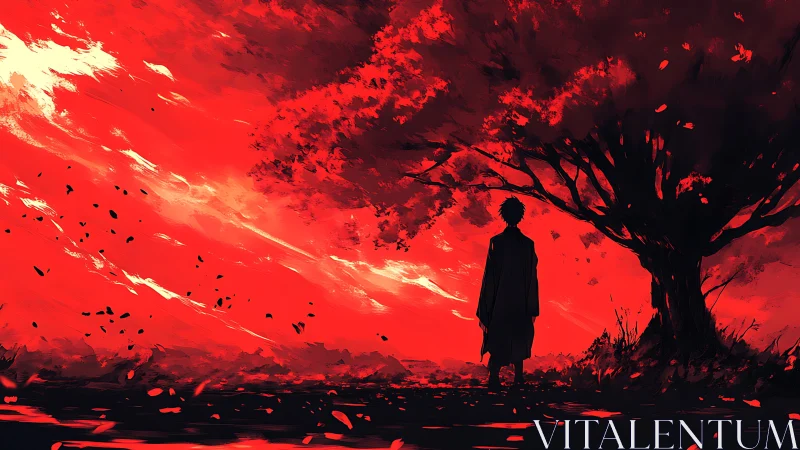 Silhouetted figure stands beneath dense tree in red landscape