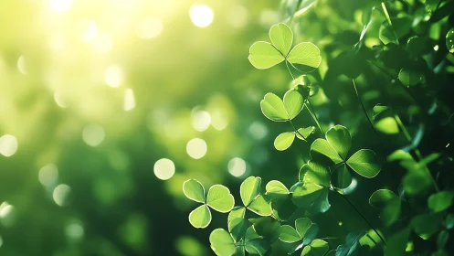 Backlit clover leaves in shallow depth, high-key green bokeh field