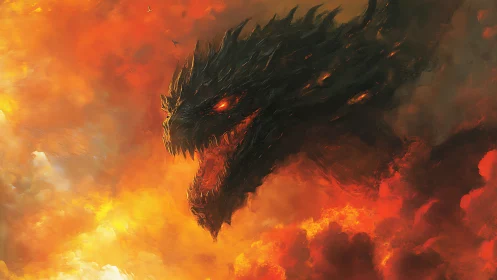 Dragon head silhouette emerges from dense orange fire cloud