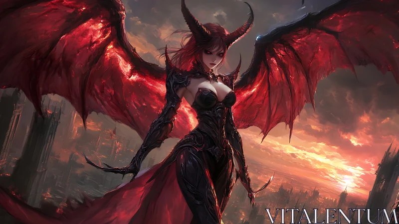 Crimson winged demon queen brooding above a burning realm.