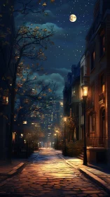Moonlit cobblestone street glows softly against a quiet city