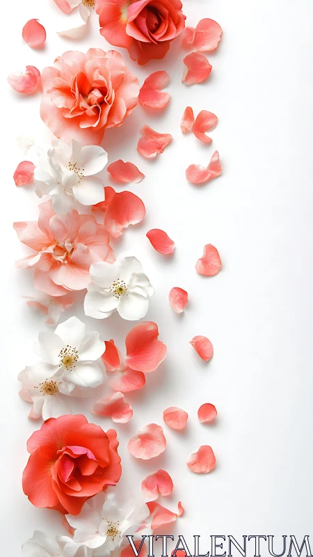Red and white roses with scattered petals on white background.
