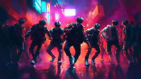 Neon-lit street dancers move in sync through glowing mist.