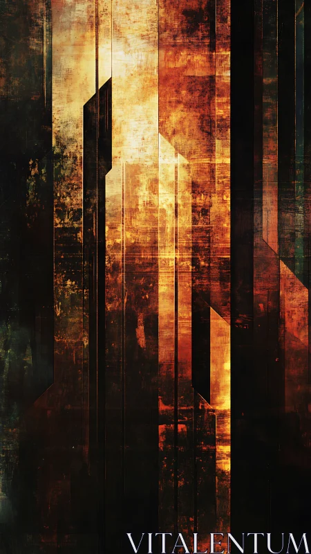 Vertical urban monoliths in molten amber geometric abstraction.