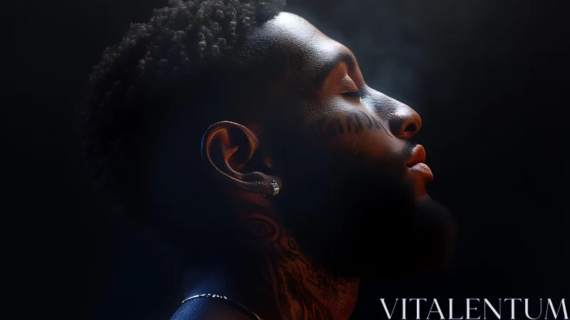 Quiet glow of a tattooed man resting in soft shadowed light.