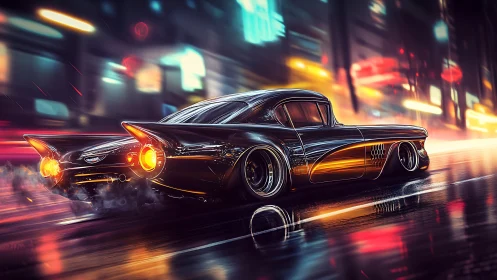 Sleek retro futurist car blazing through neon city streets.
