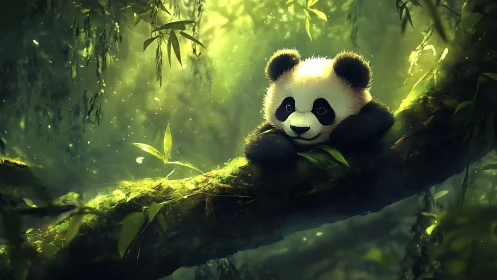 Cute panda cub resting on mossy branch in misty forest.