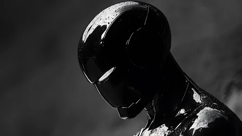 Chrome sentinel bows quietly beneath a storm of light