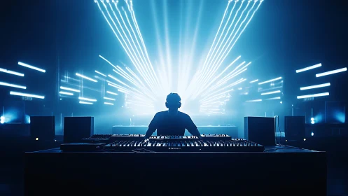 Laser-lit DJ silhouette bends electronic light into pulsing sound
